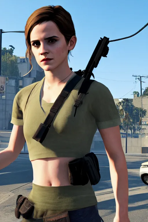 Image similar to Emma Watson as a GTA V NPC, in game capture. 3D Render.