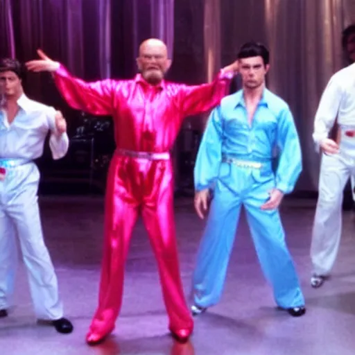 Prompt: A still of Walter White wearing a disco suit in Saturday Night Fever