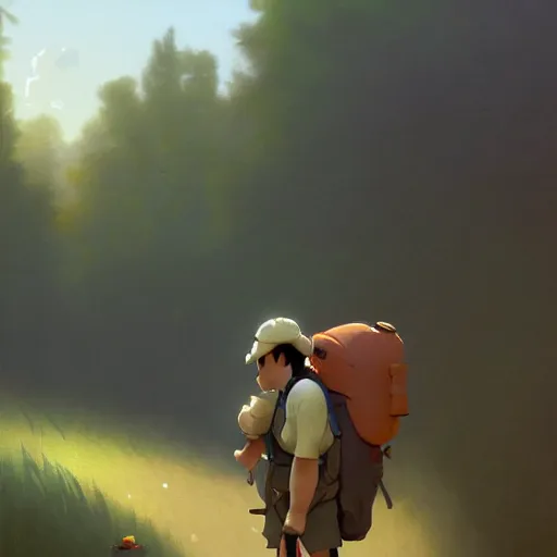 Image similar to goro fujita ilustration hiker unloading the car before camping, characterized by william adolphe bouguereau, character art, sharp focus, highly detailed, artstation