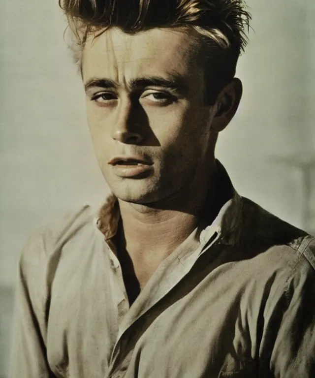 Image similar to a color photograph of james dean, by annie leibovitz, platinum blond, intense, bold, exaggerated, overblown, ultra sharp, extra details, ultra high quality, trending on pinteresst