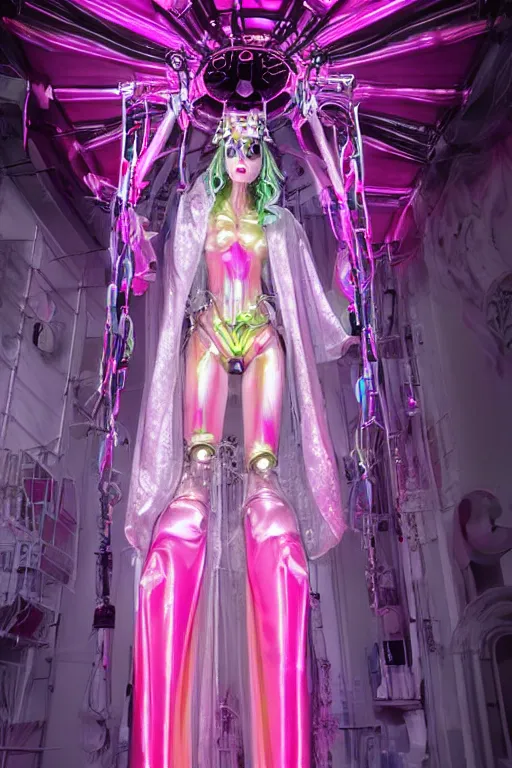 Image similar to full-body baroque and bladerunner style pink neon and chrome statue of a beautiful pale priestess robot goddess humanoid wearing a see-through silk kimono, suspended from the ceiling with wire cables, glowing peach face, street hoody of red steampunk lasers, emeralds, swirling silver silk fabric. futuristic elements. oozing glowing liquid, full-length view. space robots. human skulls. throne made of bones, intricate artwork by caravaggio. Trending on artstation, octane render, cinematic lighting from the right, hyper realism, octane render, 8k, depth of field, 3D