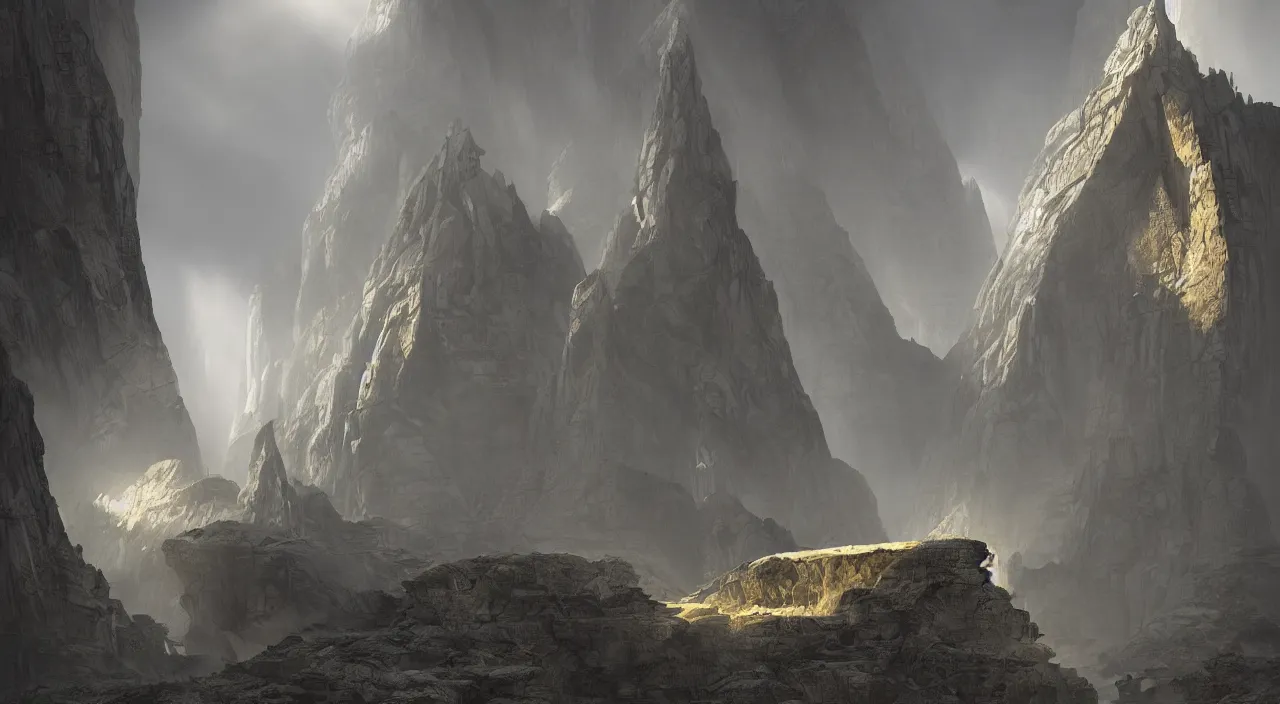 Image similar to ancient geological megastructural pyramid in canyon, tectonic parametrics by syd mead, photorealistic, zaha hadid, god rays, volumetric lighting, detailed, extremely intricate, raytrace, octane, light fog, neon, bladerunner