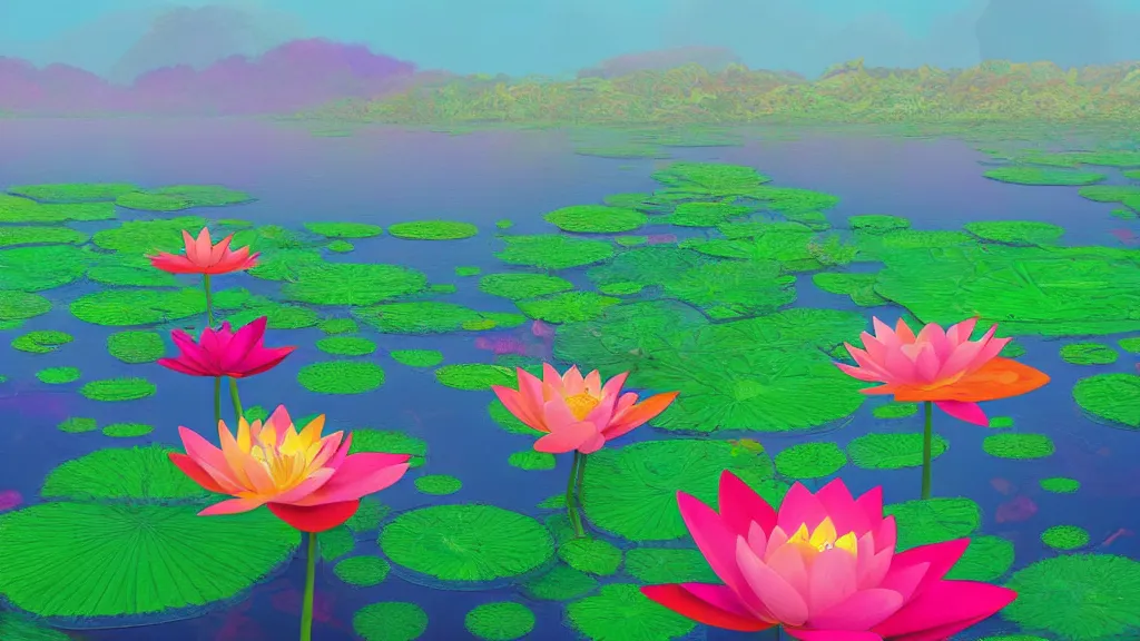 Image similar to digital illustration of a lake full of multi - colored megaflora lotus flowers by dr. seuss, reimagined by ilm and beeple : 1 | spectral color, electric color, rolling hills : 0. 9 | fantasy : 0. 9 | unreal engine, deviantart, artstation, hd, 8 k resolution : 0. 8