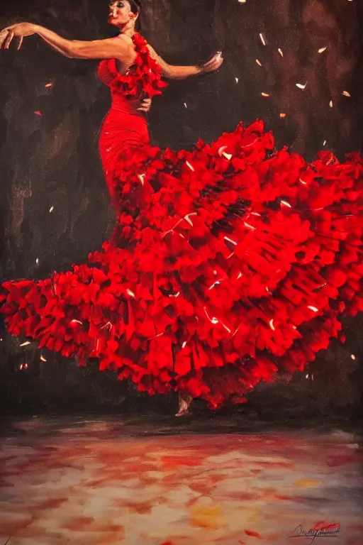 Image similar to detailedoil painting of spanish flamenco dancer in mallorca wearing a red dress made of flowers, dimly lit by candles on the ground, looking away, dark shadows, photo realistic, extreme detail skin, no filter, slr, 4 k, high definition