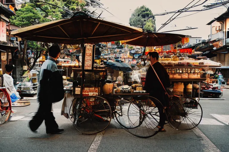 Image similar to cinematography of a Kyoto street vendor by Emmanuel Lubezki