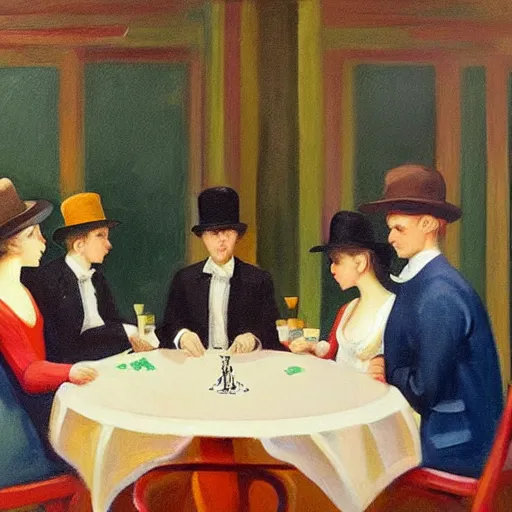 Prompt: “an award winning painting of a group of beautiful young symmetric people wearing monocles and top-hats sitting at a round metal table playing cards, drinking gin and tonic. In the style of Edward hopper”