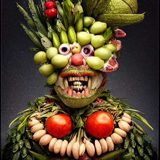 Prompt: giuseppe arcimboldo completely made of fruits, unreal engine, new scifi movie