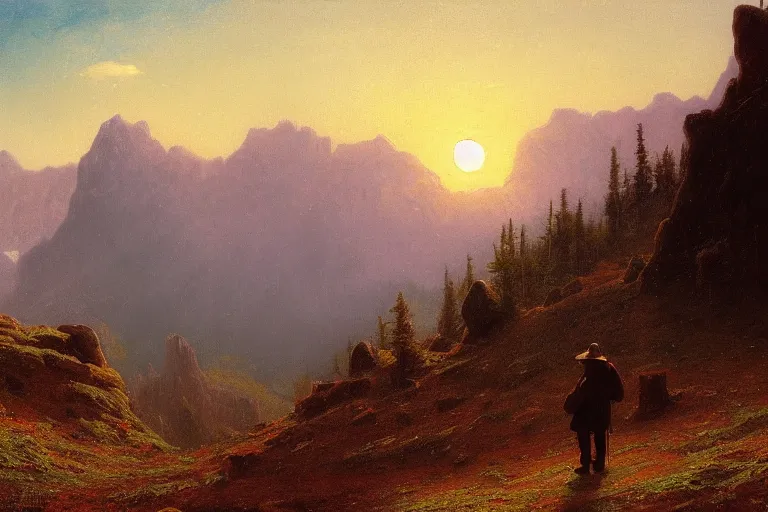 Prompt: a traveler wandering trough the mountains looking at the clouds, very detailed, oil painting, cinematic lighting, albert bierstadt, trending on artstation, colorful, canvas, sunset, hans dahl, theodor kittelsen, hermann hendrich, national geographic