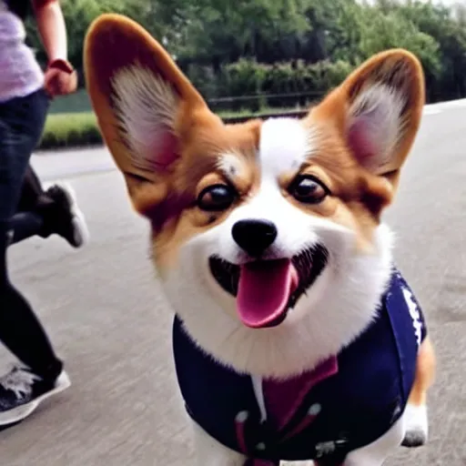 Image similar to people running away screaming scared for their life from a cute derpy corgi with the tongue out