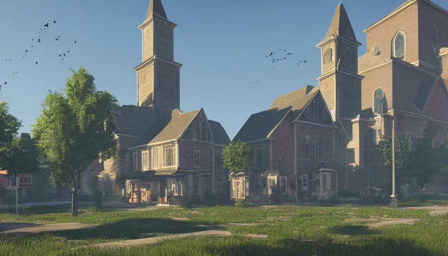 Prompt: midwest town with church, square, trees, sunny day, volumetric light, hyperdetailed, artstation, cgsociety, 8 k