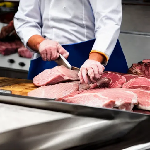 Prompt: low angle view closeup of a butcher preparing meats, you can see the butcher's face