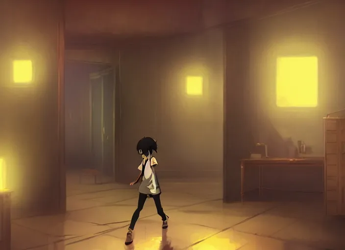 Image similar to a tall matte black creature running after a man the backrooms, yellow wallpaper, florecent lights on the ceiling, wet carpet, liminal space, by makoto shinkai an krenz cushart