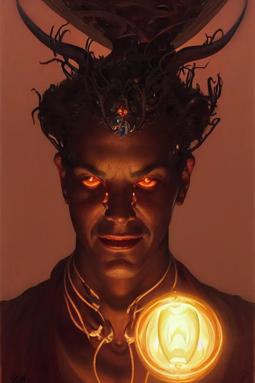 Prompt: sargent, leyendecker, greg hildebrandt, highly detailed portrait of a magical dark djinn with ebony skin and glowing eyes, stephen bliss, unreal engine, by greg rutkowski, loish, ferdinand knab, ilya kuvshinov, rossdraws, tom bagshaw, alphonse mucha, global illumination, radiant light, detailed and intricate environment