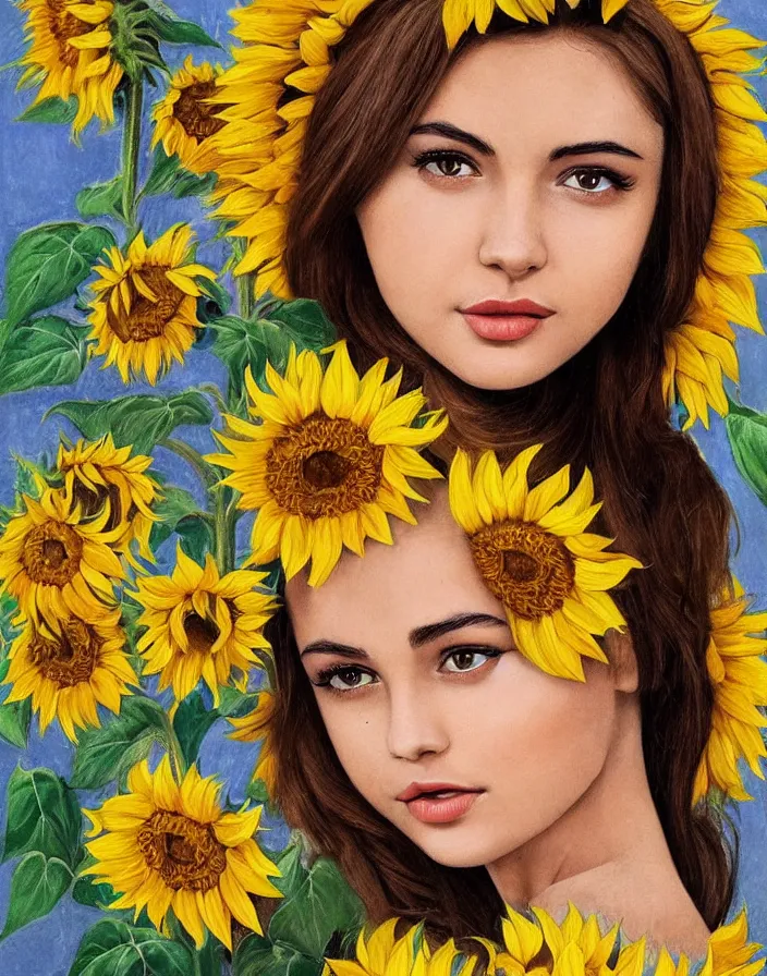 Image similar to Queen of the Sunflowers , a beautiful Ukrainian woman who looks like a mix of Audrey Hepburn and Selena Gomez, perfect skin, perfect face, gorgeous, symmetrical face, symmetrical body, artgerm, flowing hair, realistic, photorealistic, editorial photograph, portrait, detailed, intricate, focused, muted colors, artstation, border and embellishments inspiried by alphonse mucha, fractals in the background, galaxy