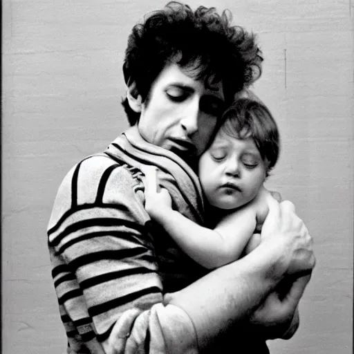 Image similar to bob dylan cradling fat little man like a baby, photograph, 1 9 6 5