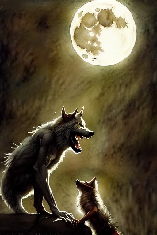 Prompt: werewolf and the full moon | esoteric symbolism | jean - baptiste monge, esao andrews, bastien lecouffe - deharme, tim jacobus, ken currie | ultra - detailed realism, soft cinematic lighting, hi - fructose, artstation, high - quality, ink watercolors wes anderson poster art