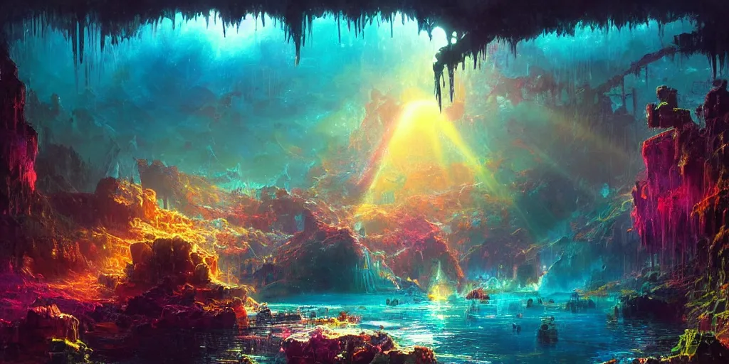 Image similar to ”mysterious crystal cavern fantasy landscape, [crepuscular rays, pools of water, rope bridges, colorful, art by wlop and paul lehr]”