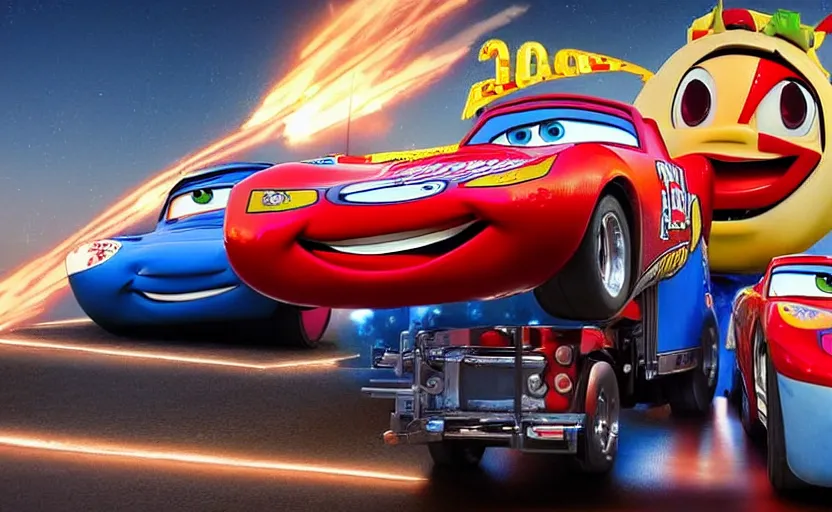 Image similar to vinn diesel and lightning mcqueen from cars 2 hugging, low - light photography, scene from the movie cars 2