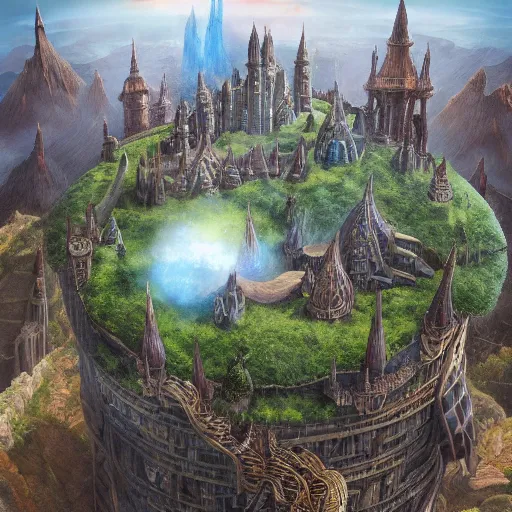Prompt: large fantasy castle rising from the top of a giant tortoise that is centered in frame, towering over a harsh barren wasteland, howls moving castle, mortal engines, kaiju, distant shot from the air, fantasy, hyper detailed, 4 k