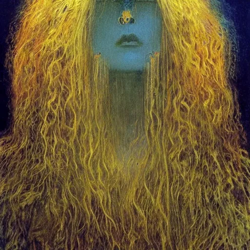 Prompt: teen queen with long golden hairs in golden crown, very pale, with blue eyes, painting by Beksinski