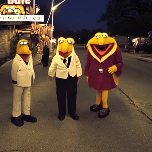 Prompt: brutal Muppets stalk a cheese man at night