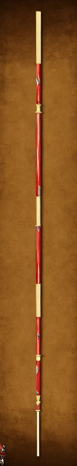 Image similar to single wooden long straight thin ninja fighting staff decorated with oriental ornaments, polished, weapon, highlight, vertical, centred, highly symmetric, sci - fi, fantasy, japan, dnd, close shot, bright uniform background, directional lighting, digital art, hyperrealism, award winning, 8 k, trending on art station