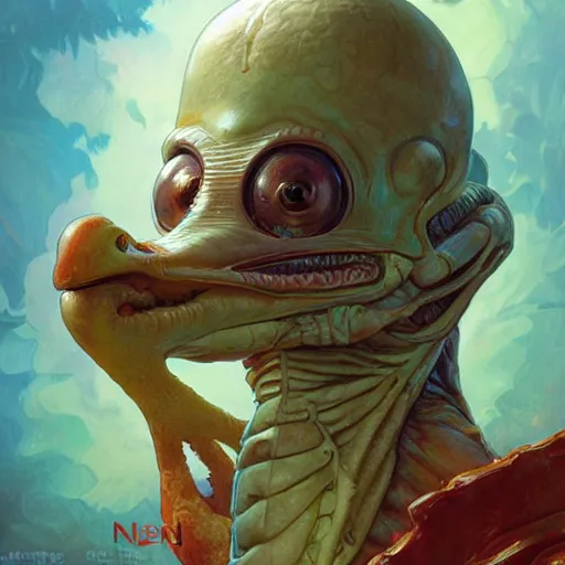 Image similar to chicken alien by Stanley Artgerm Lau, greg rutkowski, thomas kindkade, alphonse mucha, loish, norman Rockwell