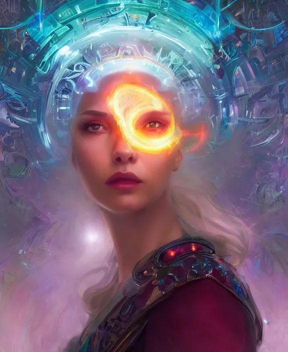 Image similar to a whirlwind of souls rushing inside the metaverse, half body, glowin eyes, tiara with sapphire, insect, android, cyberpunk, d & d, fantasy, intricate, elegant, highly detailed, colorful, vivid color, digital painting, artstation, concept art, art by artgerm and greg rutkowski and alphonse mucha and ruan jia