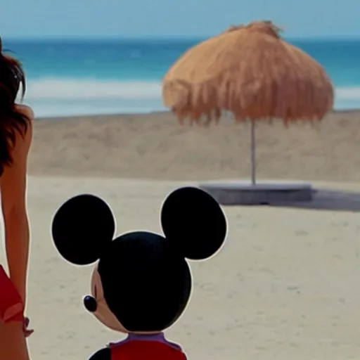 Image similar to Mickey Mouse staring at Kate Beckinsale on the beach, she is annoyed,