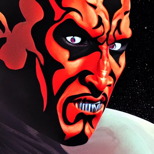 Image similar to a portrait of Darth Maul, floating in space, fully body posing, high quality character concept art, digital, trending