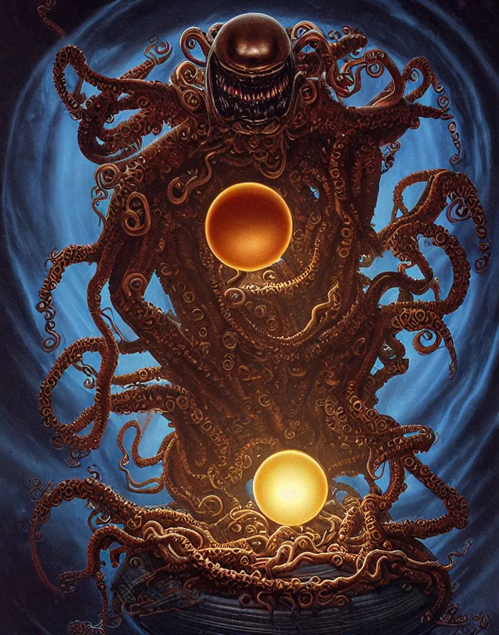 Image similar to a detailed digital art of an alien creature with multiple eyes and tentacles emerges from a glowing orb in the center of a dark, foreign landscape,by Albert Bierstadt, Yohann Schepacz and Laurel Burch,style of grim dark, Kai Fine Art, chiaroscuro, dark academia, copper patina,detailed, ornate, maximalist, 8k, cinematic, compositing, post processing, award winning art,artstationHQ,artstationHD