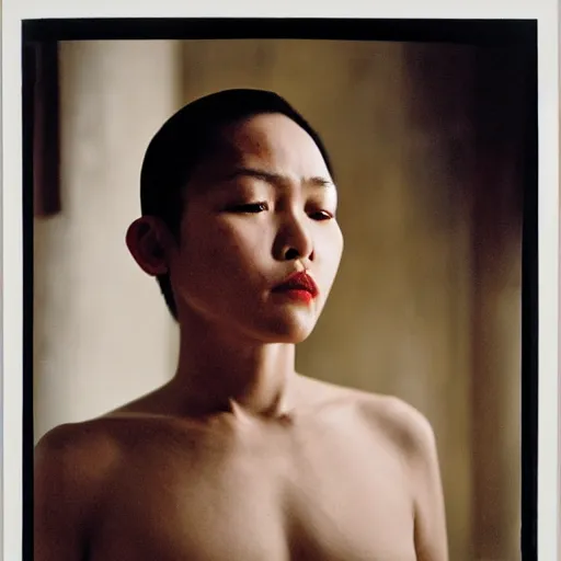 Image similar to filipino woman with short hair wearing a yohji yamamoto dress, portrait, long shot, by david bailey, nan goldin, annie liebovitz