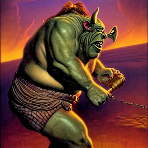 Prompt: Fantasy illustration by Clyde Caldwell The ogre snores in its sleep, its head bobbing from side to side. You reach down to the belt at its waist and feel for the ring of keys hanging from it.