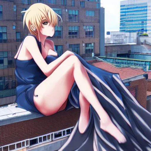 Image similar to giant 50 foot tall anime girl sitting on a building by wlop