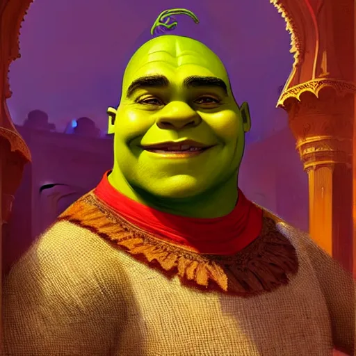 Prompt: handsome shrek in moroccan clothes, highly detailed, digital painting, artstation, concept art, sharp focus, illustration, art by greg rutkowski and alphonse mucha