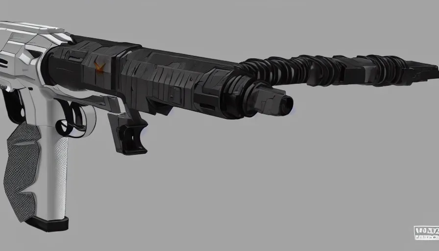 Image similar to extremely detailed ultra realistic photographic side view minimalist magnum pistol coilgun, detailed trigger, chemically propelled, battery, smooth streamline, battery and wires, railgun, chemrail, gauss, elegant sleek smooth body, white paint, smooth utopian design, ultra high quality, octane, artstation, destiny, warframe, terminator