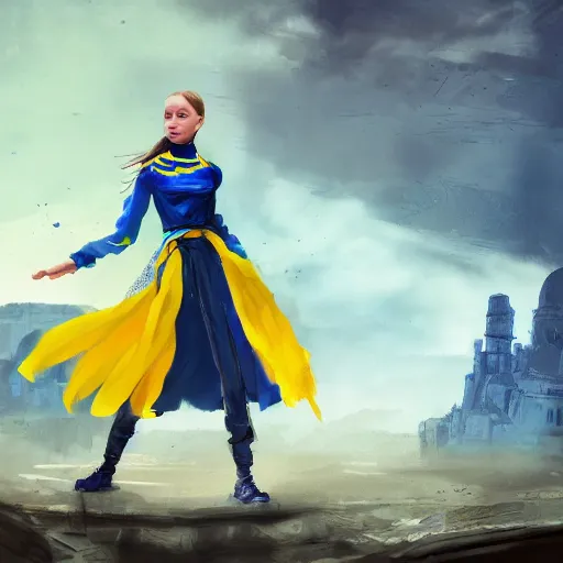 Image similar to ukrainian girl with blue and yellow clothes near big ruined city, concept art, trending on artstation, highly detailed, intricate, sharp focus, digital art, 8 k