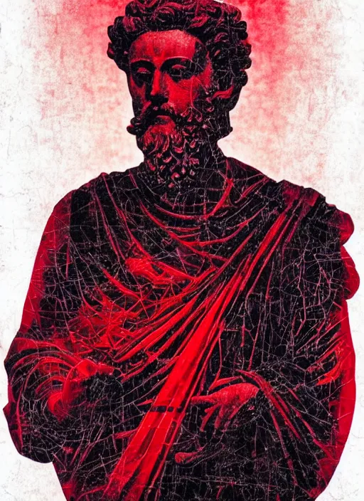 Prompt: design poster showing a statue of marcus aurelius, black background with very subtle red and purple design elements, powerful, nekro, vito acconci, graphic design, collage art, thin lines, dark, glitch art, neo vaporwave, gritty, layout frame, square, trending on artstation