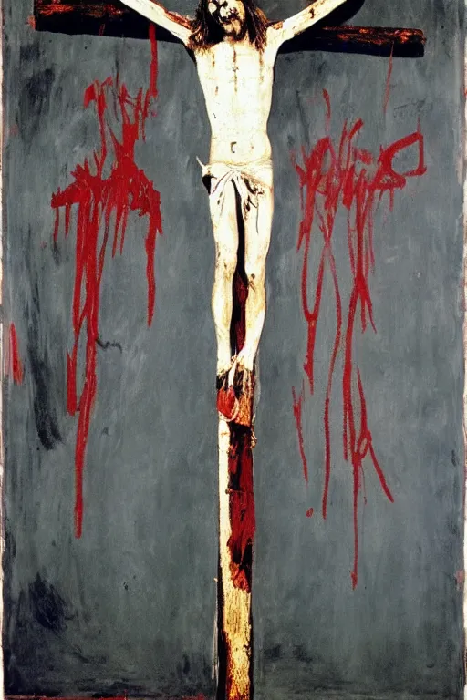 Prompt: bloody jesus christ crucified painted by cy twombly, basquiat and andy warhol