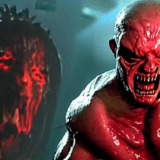 Prompt: big buff grotesque scary fleshy wet, Nemesis from biohazard, movie still iconic