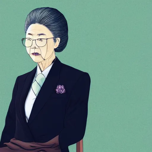 Image similar to portrait of an elderly Japanese woman dressed on a suit and tie, her hair in a tight bun, a serious expression on her face, digital art, elegant pose, detailed illustration