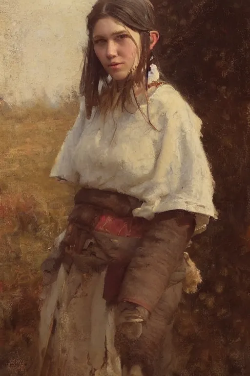 Image similar to Richard Schmid and Jeremy Lipking and Antonio Rotta full length portrait painting of a young beautiful traditonal viking woman