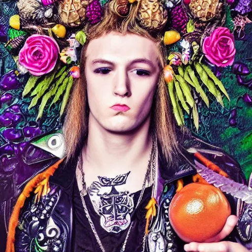 Prompt: fantasy portrait of a straightedge punk teenager with glam rock hairdo composed of fruit and flowers, intricate, decorative, homoerotic, Baroque style,