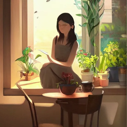 Image similar to a cozy cute cafe with a window and plants, a young pretty filipino woman sits with an espresso, golden morning light, dramatic light, happy cozy feelings, oil painting trending on artstation