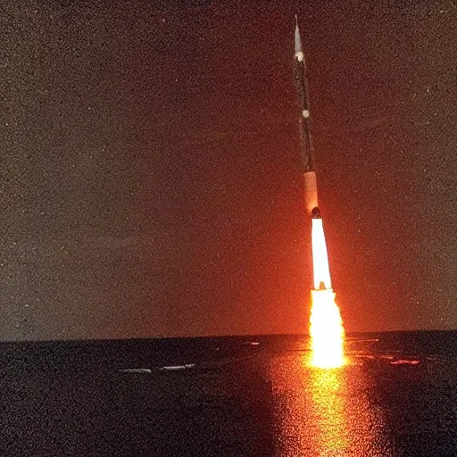 Image similar to “a failed ICBM middle launch 🚀 in the middle of the ocean at night time. The middle is exploding spectacularly and raining down burning pieces of debris.”