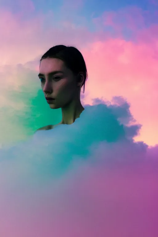 Image similar to high quality pastel coloured film close up wide angle photograph of a model wearing clothing swimming on cloud furniture in a icelandic black rock!! environment in a partially haze filled dreamstate world. three point light, rainbow. photographic production. art directed. pastel colours. volumetric clouds. pastel gradient overlay. waves glitch artefacts. extreme facial clarity. 8 k. filmic.