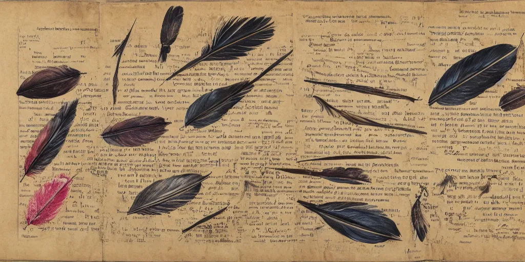 Prompt: modern scientific documents, in rich color, single feather, australian, aged paper, texture, highly detailed, lots of pictures, close up, no text