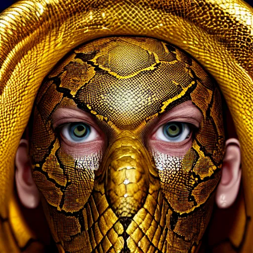 Image similar to snake man, up portrait with her body wrapped in gold scales, hyper photo realistic 8K HD HDRI, photo by Annie Leibovitz