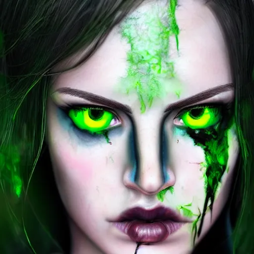 Image similar to photorealistic portrait of beautiful zombie girl, black hair, blue eyes, smooth face, perfect eyes, half body shot, elegant, realistic, glowing skin, detailed face, green colours, sharp focus