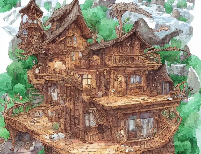 Image similar to cute and funny, a magicians cabin carved into a mountain, centered award winning watercolor pen illustration, isometric illustration by chihiro iwasaki, edited by range murata, tiny details by artgerm and watercolor girl, sharply focused